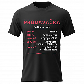 Dámské bavlněné tričko s potiskem - HODINOVÁ SAZBA PRODAVAČKA - černé