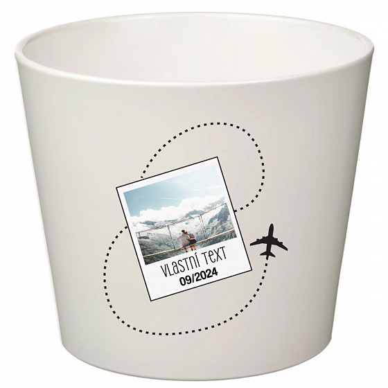 Bílý keramický květináč s cestovatelským motivem - velký