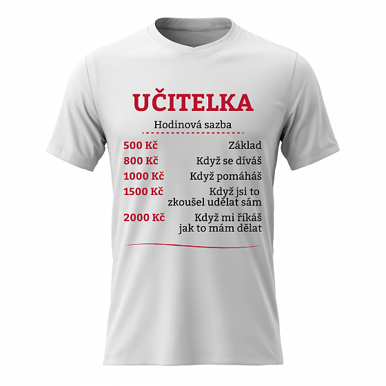 Dámské bavlněné tričko s potiskem - HODINOVÁ SAZBA UČITELKA - bílé