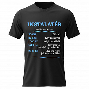Pánské bavlněné tričko s potiskem - HODINOVÁ SAZBA - INSTALATÉR - černé